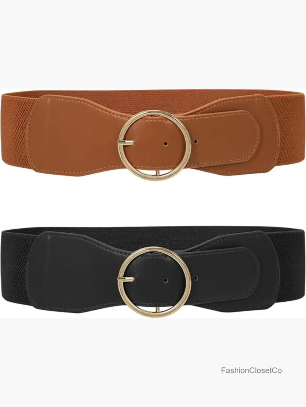 Women Elastic Stretchy Wide Belt with Gold O Ring Buckle Faux Leather Waist Belt